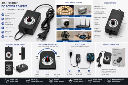 Image of Adjustable DC 3V-12V 2A Power Adapter, AC 100-240V 50 /60Hz Input, Variable Voltage Power Supply with Rotary Knob, 5.5mm Cable for DC Motor, LED Strip, CCTV Camera, Router & DIY Electronics