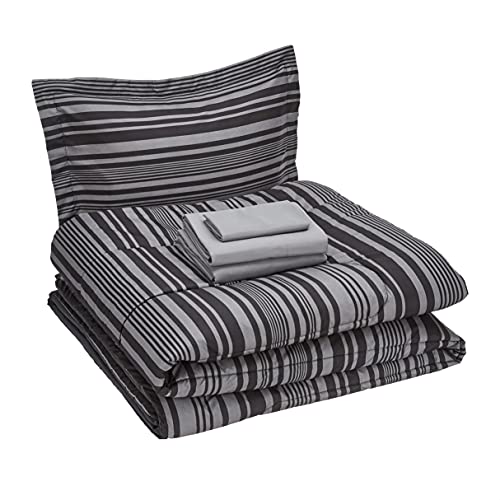 Image of Amazon Basics 5-Piece Lightweight Microfiber Comforter Set with Sheets, Bed-in-a-Bag, Gray Calvin Striped Bedding, Twin /Twin XL