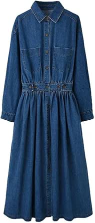 Women Spring Summer Long Sleeve Denim Korean Style Maxi Ankle-Length