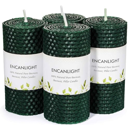 Beeswax Pillar Candles, 2x4 Inch Green Honeycomb Bees Wax Pillar Candle Set of 4 - Unscented Smokeless and Dripless - Approx 9 Hours Burn for Home Decor, Party, Christmas, Dinner