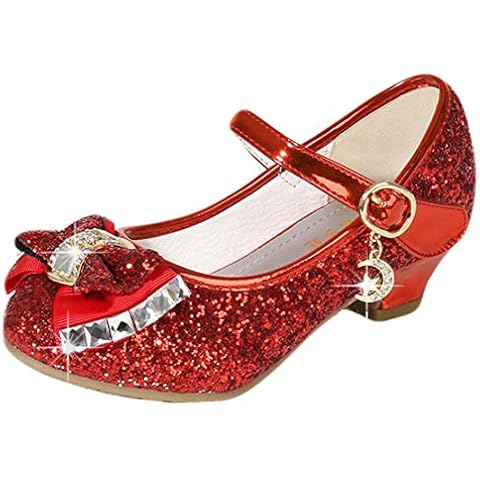 mama stadt Princess Shoes Girls Glitter Shoes Kids High Heels Girls Sequins Princess Cosplay Shoes Party Wedding Velcro Sandals Elegant Girls Shoes with Heel, red, 9 UK Cover