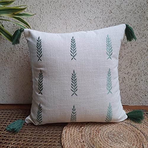 Trending Home Collection Cotton Linen Look slub Fabric with Tribal//Leaf Hand Embroidery Stitched Zippered Cushion Cover | 16 x 16 Inches | Set of 2| (Ivory/Green, 16X16 inch) (B09FPZWHVS) Amazon Price History, Amazon Price Tracker