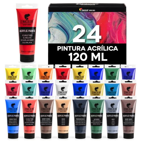 Zenacolor Kit de 24 Pinturas Acrílicas, 24 Tubos de 120ml, 24 Colores Pinturas para Lienzo, Maderas, Ocios Creativos, tanto para Adultos.