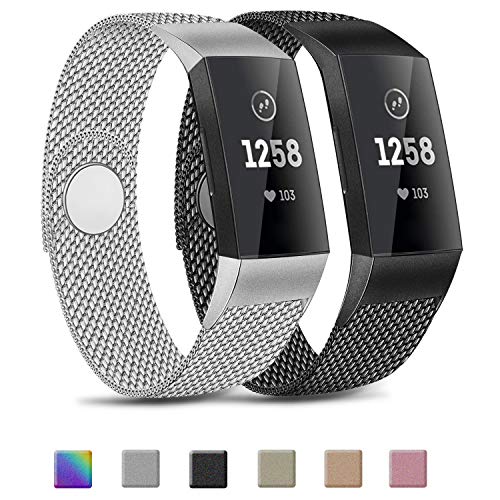 Pack 2 Metal Loop Bands Compatible with Fitbit Charge 4 / Charge 3