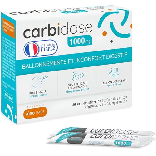 Carbidose Charbon Actif Hautement Dosé – 1 Sachet = 1000mg + 250mg d’Inuline – Action Ciblée Brevetée – Complément Alimentaire Ballonnements,...