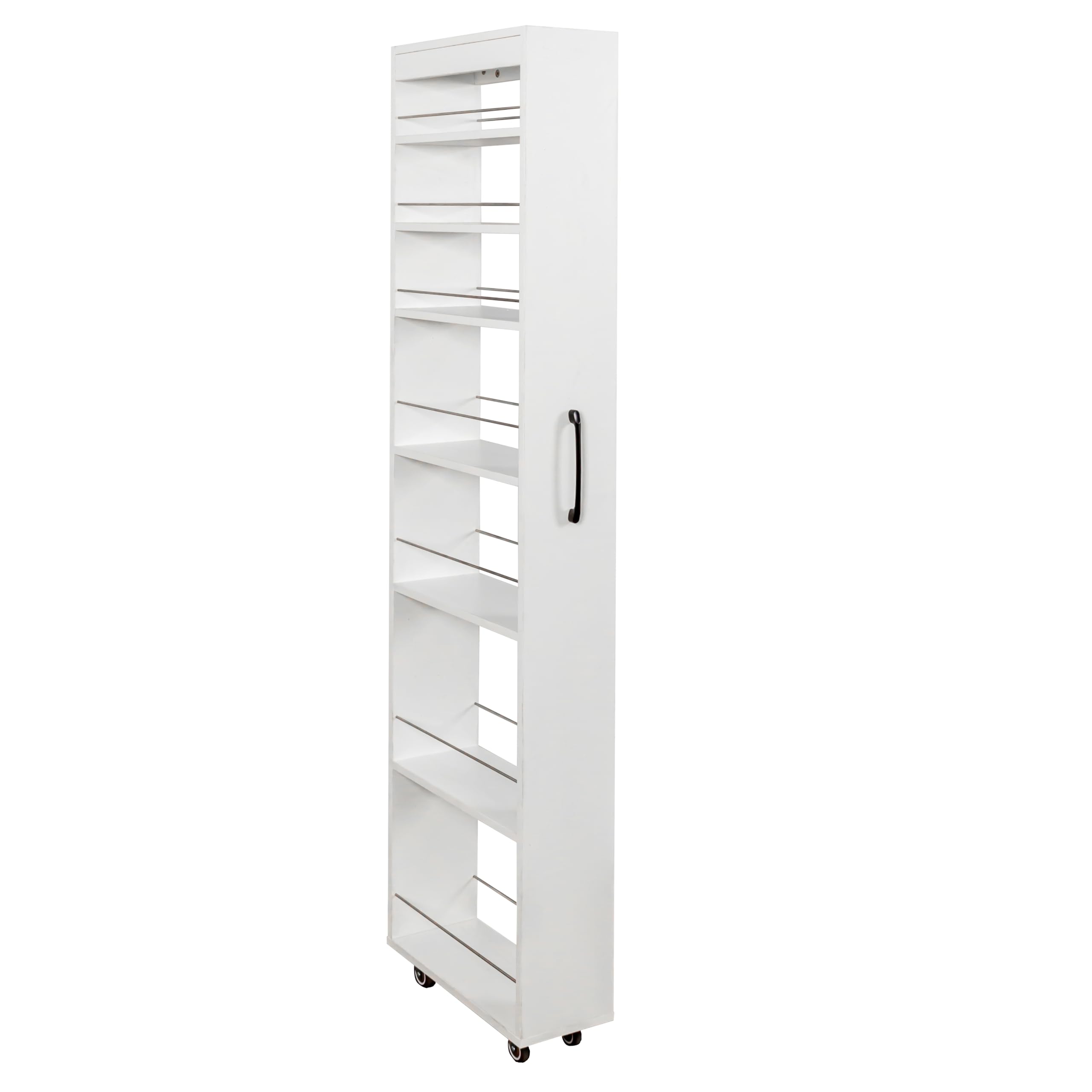 Carrello portaoggetti sottile a 7 ripiani con ruote, ideale per spazi ristretti, organizer in legno con ripiani aperti, perfetto posizionare accanto al frigorifero o alla lavatrice, design salvaspazio
