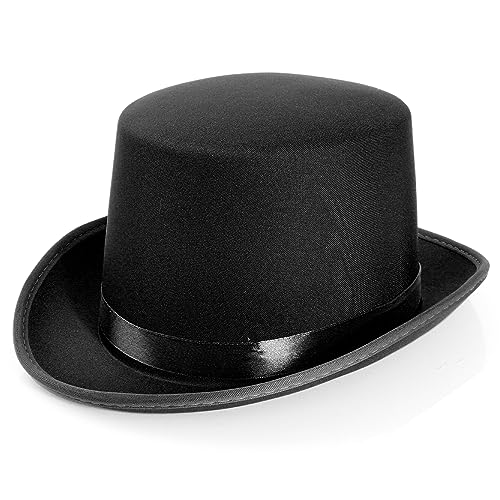 Image of Satin Top Hat Accessory - Pack of 1 - Black Hat with Matching Ribbon Band - Adults Kids Boys Girls Dance Show Stage Performances Vintage Events Circus Cabaret Fancy Dress Costume Accessory