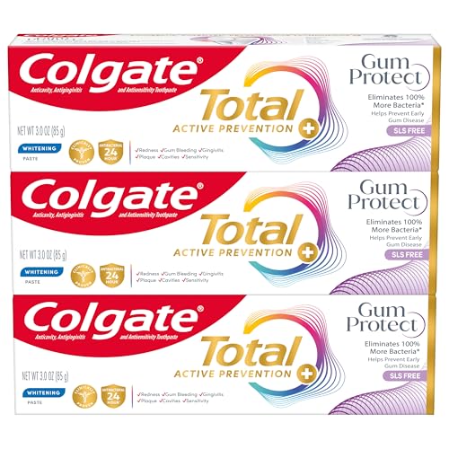 Colgate Total Active Prevention Gum Protect Whitening Toothpaste, Whitening Gum Toothpaste for Inflammation, Redness, Bleeding, Irritation, and Sensitivity, SLS Free, 3 Pack, 3.0 oz