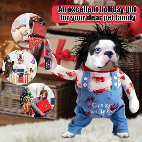 Halloween Hundekostüme für Hunde Wig and Knife, für kleine mittlere Hunde - Lustige Chucky Hundekleidung Halloween Outfit mit Perücke Messer (Verstellbare M-Größe)