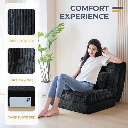 Image of MAXYOYO Folding Sofa Bed, Tufted Bean Bag Bed with Pillows Floor Couch for Adults, Extra Thick and Long Floor Sofa, Single Couch for Bedroom Living Room, Black, 30x91 Inch