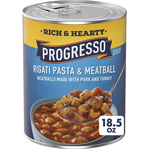 Image of Progresso Rich & Hearty Rigati Pasta & Meatball Canned Soup, 18.5 oz | Pork & turkey meatballs, beef broth, rigati pasta, vegetables & spices, 140 calories per serving, No artificial flavors