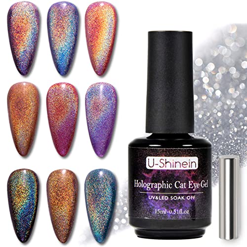 U-Shinein 15ml Universal Rainbow Cat Eye Gel Polish, 9D Holographic Cat Eye Gel Diamond Glitter Cat Eye Reflective Magic Gel, Shining Cat Eye Magnetic Gel Magnetic DIY Manicure Art Magnetic Gel