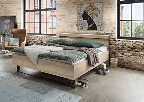 WIEMANN Brüssel Bett, Holz, Doppelbett, Bettgestell 180 x 190 cm, Futonbett, schwebend, Stein-Eiche, Holz-Kopfteil, schwebeoptik