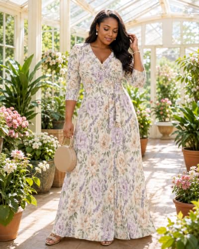 Image of Plus Size Maxi Dress for Women V Neck 3 /4 Sleeve Wrap Dresses