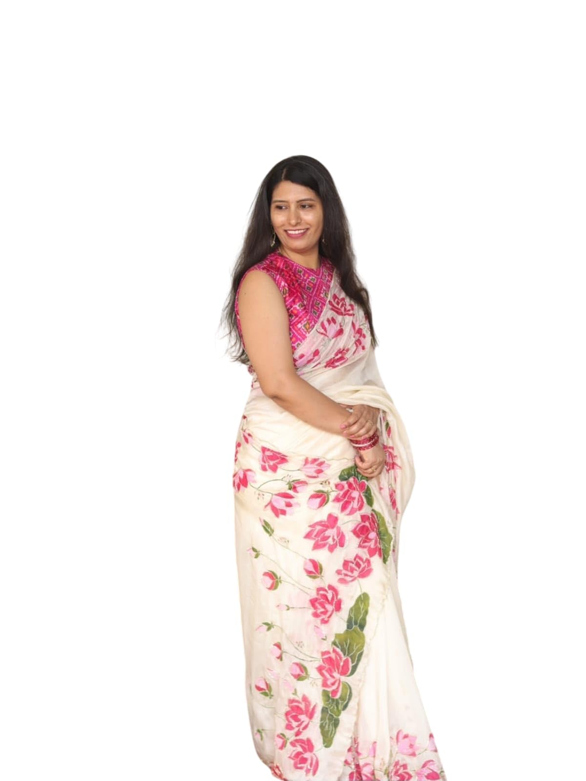 Cream Silk Saree with Pink Lotus Floral Print-picture-44