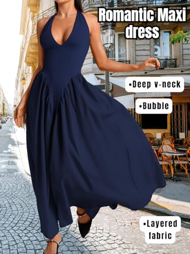 Image of ChiaoLezhee Deep V Neck Dress, Halter Maxi Dresses, Vacation Date Night, Sexy for Women Corset Flowy Wedding Guest Drop Waist