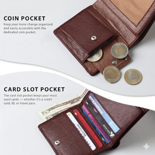 Image of VEMILIO Vegan Leather Wallet for Men & Women | 6 Card Slots | ID Window | Coin Pocket | 2 Hidden & 2 Currency Compartments | Durable Slim Bifold Purse (Dark Brown)
