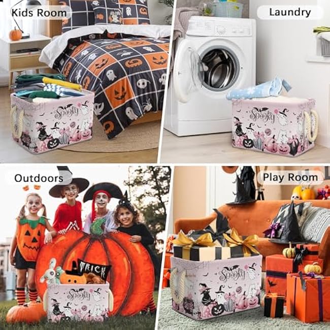 Pink Halloween Basket Cute Pumpkin Ghost Boo Spooky Basket with Handles Foldable Halloween Gifts Storage Bins Organizer for Clothes Toys Books (Pink, 15x10x10 Inch)