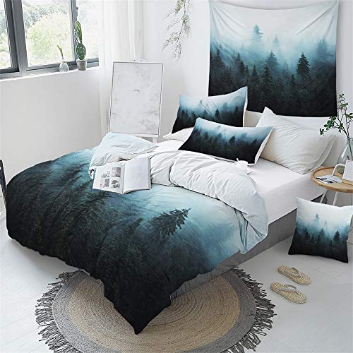 Wwzz Fir Forest Bedding Set Trees Nature Duvet Cover Misty Landscape Bedspreads Hipster Vintage, 3-Piece Bedding Set Duvet Cover Set With 2 Pillowcase, Soft Microfiber,Us King #TOP3