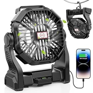 Camping Fan with LED Lantern, 10400mAh Portable Rechargeable Battery Powered Table Fan with Hook, Camping Gear for Picnic, Fishing, Car or Hurricane Power Outages (Black)