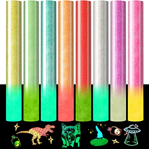 Cysincos Glitter HTV Heat Transfer Vinyl Bundle Glow in The Dark, 8 Sheets Fluorescent Color Changing Vinyl, 12 x 10 Inch Reflective Iron on Vinyl for T-Shirts Heat Press DIY Craft Supplies