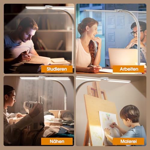 SIBRILLE Doppelkopf Schreibtischlampe LED Dimmbar, Klemmbar Monitor Lampe Tageslichtlampe für Büro, Augenschutz PC Lampe Tischlampe mit Schwanenhals-Weiß