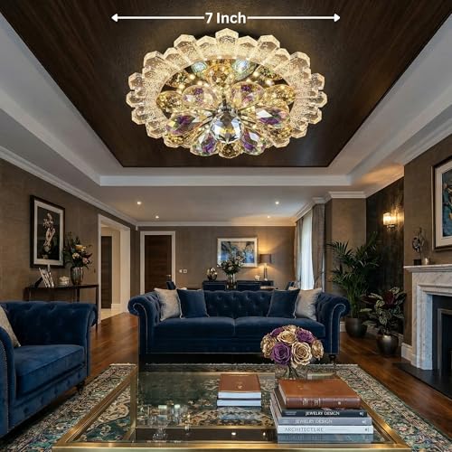 Image of Round Crystal Flower Ceiling Light with Rotating Multi-Colour LED, Decorative Chandelier Lamp for Living Room Bedroom Hallway Event Decor, Dimmable Lighting Fixture 7 x 7 x 2 Inch