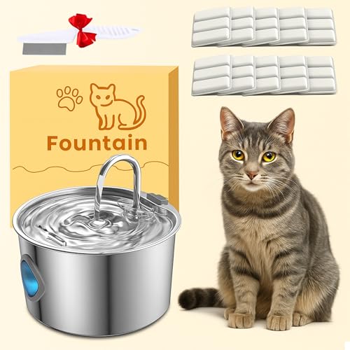 Cat Water Fountain, 7-Stage Filtration Large Capacity Quiet, Continuous Flow Stainless Steel Cat Water Fountain with Water Window/Led for Healthy Drinking Water (1PC + 10 Filter)