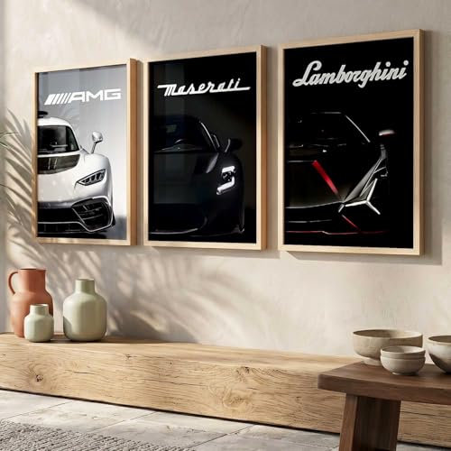 Image of kotart Big Lamborghini Maserati Mercedes AMG Cars Framed Posters Gift Items for Boys Room Wall Decoration Bedroom Living Room Office Studio Decor | Car Poster Frame for Wall Decor Set Of 3 Size (35x37 Inch)