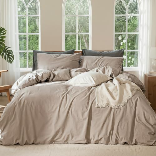 OURJOY 100% Pure French Flax Linen Blend Duvet Cover Set Queen Size 3-Piece Breathable Bedding Set with Long Zipper Closure & Corner Ties Soft Lightweight & Durable Bedding Ideal for Hot Sleepers