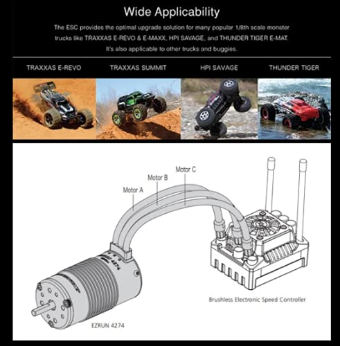 Diagramma che mostra l'ampia applicabilità dei motori Hobbywing EZRUN con vari modelli di veicoli RC
