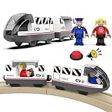 🚅【Komplettes Zugspielset】- Hinweis: Holzschienen sind nicht im Lieferumfang dieses Produkts enthalten. Das Zugset enthält eine Lokomotive, einen Personenzug, einen Lokführer und einen Fahrgast. Der Hochgeschwindigkeitszug hat realistische Soundeffekte beim Fahren und Anhalten. Es gibt Tasten für Vorwärts, Stopp und Rückwärts. Der Lokführer und der Beifahrer können stehen oder sitzen, um perfekt in den Zug zu passen. Dieses Set hat alles, was Ihr Kind für ein spannendes Zugabenteuer braucht.
