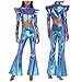 CHICTRY Womens Metallic Shiny Structured Shoulder Boards Crop Top and Flared Pants for Halloween Blue XX-Large