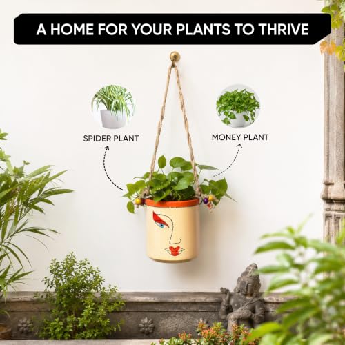 Image of AAKRITI ART CREATIONS Terracotta Hanging Planter | Handcrafted Artistic Face Design with Rope, Modern Art, White Matte Finish | Decorative Hanging Pot for Indoor & Outdoor Home Decor