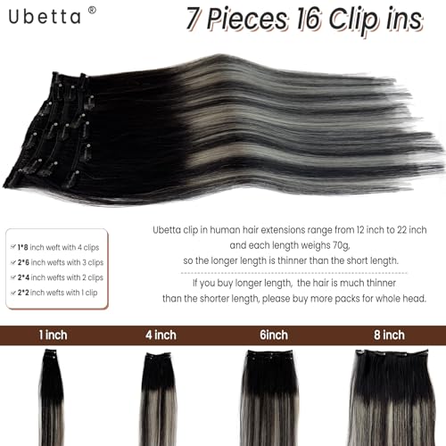 Image of Clip in Hair Extensions Real Human Hair 16 Inch Ombre Black Balayage Silver Highllights Hair Extension Real Human Hair Clip ins 7 pcs Double Weft s Remy Human Hair Clip in Extensions