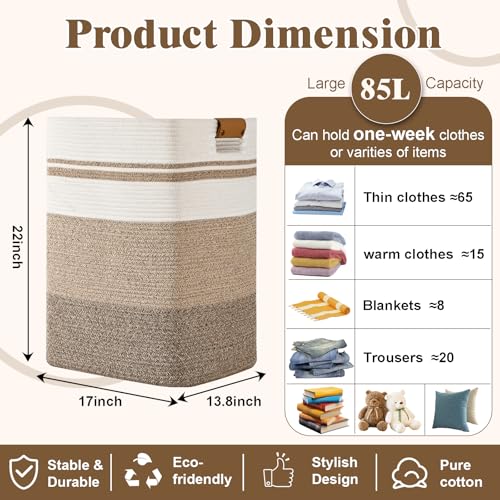 Image of Laundry Hamper, 85L Tall Laundry Basket with Leather Handles, Rectangle Large Clothes Hamper for Organizing, Cotton Woven Laundry Baskets Storage Hampers for Bedroom, Nursery, Living Room