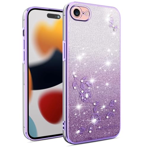 SEHEYA Coque Paillettes pour iPhone 7/8 / SE 2020 / SE 2022 Étui Galvanisés Fleur Strass Transparent TPU Silicone Brillant Housse Très Mince Antichoc Cover,...