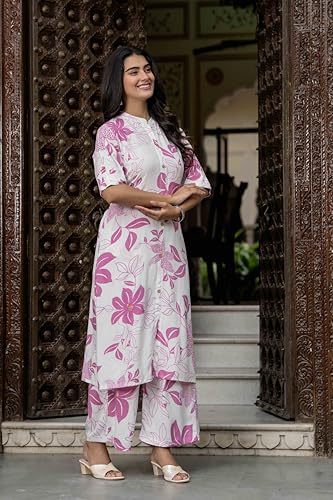 Image of Women's Floral Print Rayon Kurta Palazzo, Round Neck Half Sleeve, Regular Fit, Ethnic Casual Wear