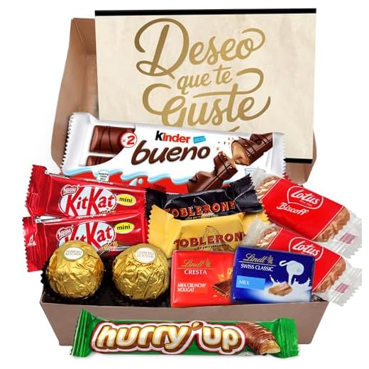 Cajita Regalo LINDT + FERRERO y Hasta 12 Bombones y Chocolates Kinder Bueno, Toblerone, Kit Kat, Galletas Lotus Biscoff y Chocolate Hurry Up · Con Tarjeta Personalizada