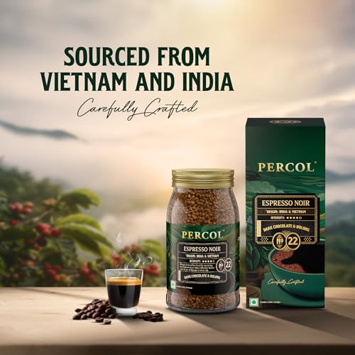 Image of PERCOL Premium Instant Coffee | Espresso Noir Blend 22 | Crafted with Premium Imported Beans | Freeze Dried | Designed in UK | 100g Jar | 100% Pure Coffee | Flavorful & Aromatic