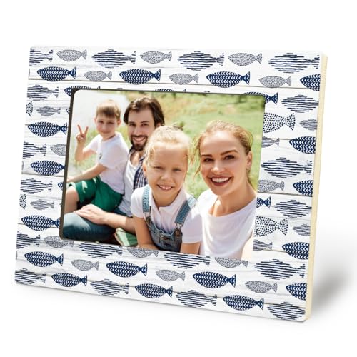 MKGRXZCW Coastal Blue Fish Picture Frame 5x7, Beach House Decor, Gifts for Fishing Lovers Picture Photo Frames for Home Room Bedroom Desk Tabletop Shelf Wall Display Decoration