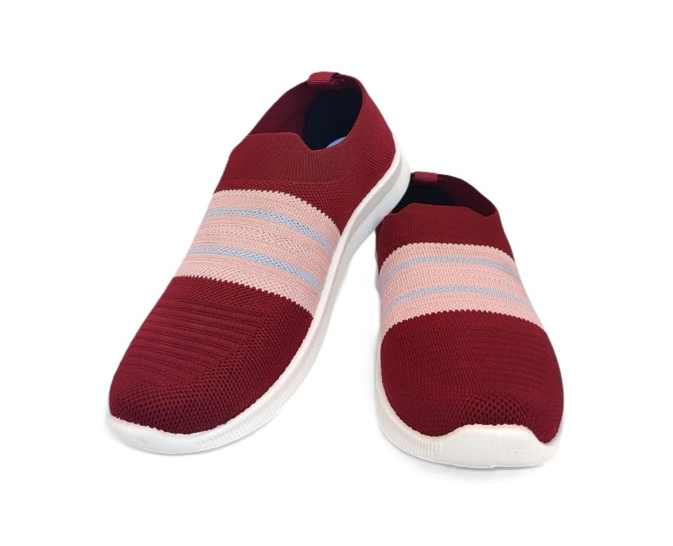 Slip-On Walking Shoes, Burgundy with Pink Stripes, Knitted Mesh Upper, Lightweight Casual Athletic Footwear-image-29