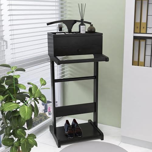 Image of Mens Valet Stand with Drawer, Tray, Shoe Shelf and Suit Rack, Wooden Clothing Rack for Men Women, Clothes Valet Stand for Bedroom Entryway