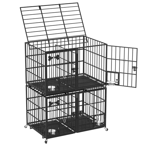 Dosker 48/42 inch Stackable Heavy Duty Metal Dog Crate for 4 Dogs/Large Dog,All Metal Open Top Access,Escape Proof Cage,Dog Kennel Indoor with Wheels,Floor Grid, Tray, Divider and Feeding Bowl