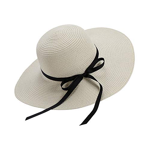 Moxamo Sombrero para el Sol para Mujer, Sombreros Floppy Plegable Bowknot Grande ala Ancha Paja Sombreros de Mujer Verano Playa Cap protección UV (Blanco)