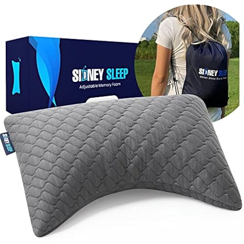 Sidney Sleep Mini Travel Size Neck Pillow - Knee, Back Lumbar and Support - Small Curved Pillow - 14 x 19 Inches - Adjustable Loft - Washable - Drawstring Backpack Included (Mini - Grey)