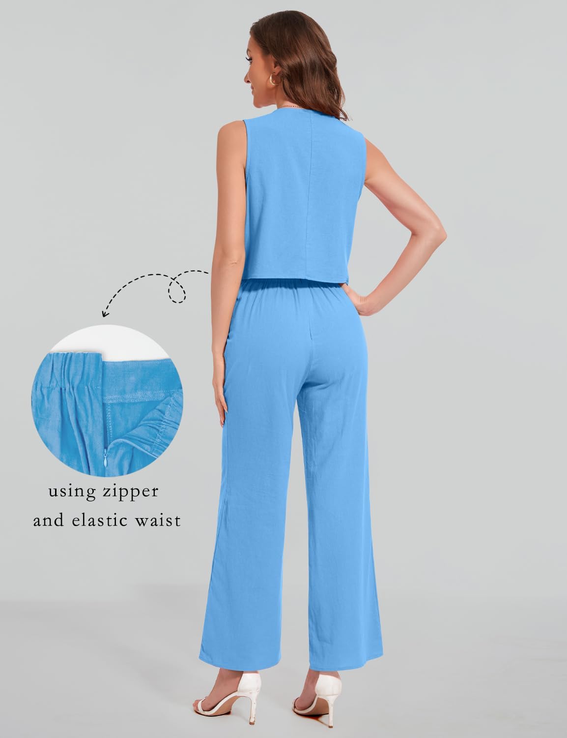 ROYLAMP Women's Summer 2 Piece Outfits Button Down V Neck Sleeveless Top High Waisted Wide Leg Pants Matching Set