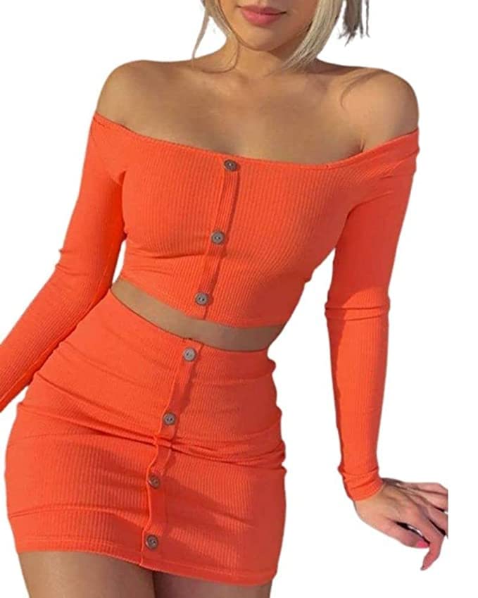 quecy Women's Polyester Slim Fit Casual Solid Off Shoulder Button Skirt Outfits Set of 2| Size-XL | Color-Orange-picture-15
