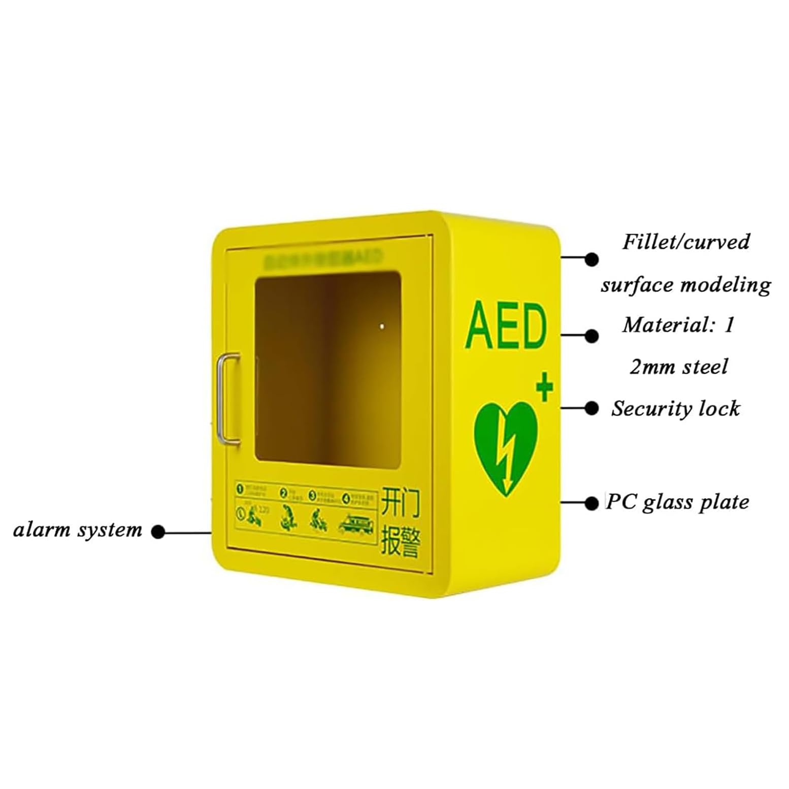 AED-Defibrillator-Aufbewahrungsschränke, wandmontierte AED-Aufbewahrungsbox mit Griff/Schlüssel und Alarm, transparentes Glasfenster und Design mit abgerundeten Ecken, für Zuhause, Bus