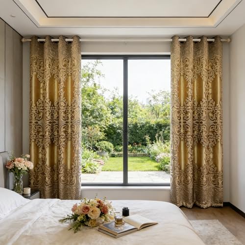 1 Panel Double-Layer European Curtain Grommet Top Floral Jacquard Voile Curtain Plus Gold Blackout Curtain Drape for Living Room Bedroom Balcony